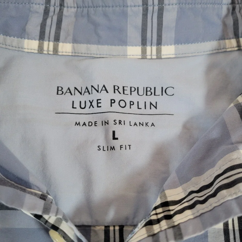 Banana Republic Luxe Poplin Men's Shirt Size L (46-48) Slim Fit Plaid Blue 1276‎